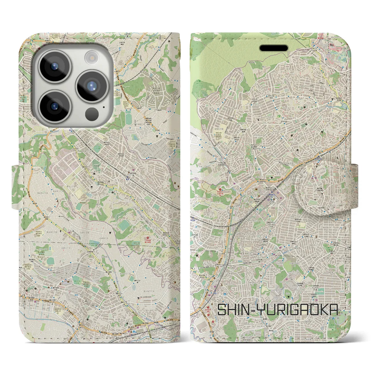 【新百合ヶ丘(神奈川県)】地図柄iPhoneケース(手帳タイプ)ナチュラル・iPhone 15 Pro 用