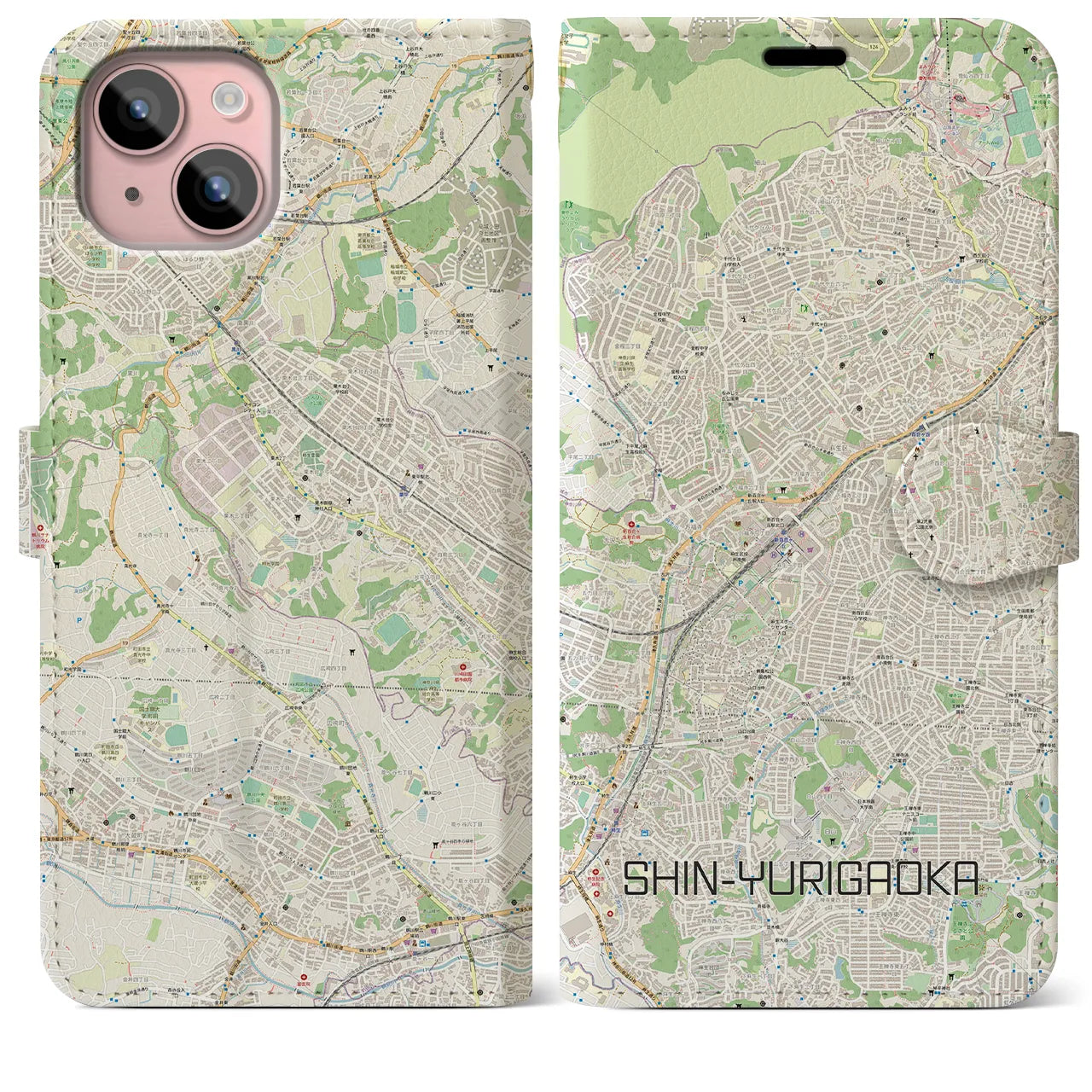 【新百合ヶ丘(神奈川県)】地図柄iPhoneケース(手帳タイプ)ナチュラル・iPhone 15 Plus 用