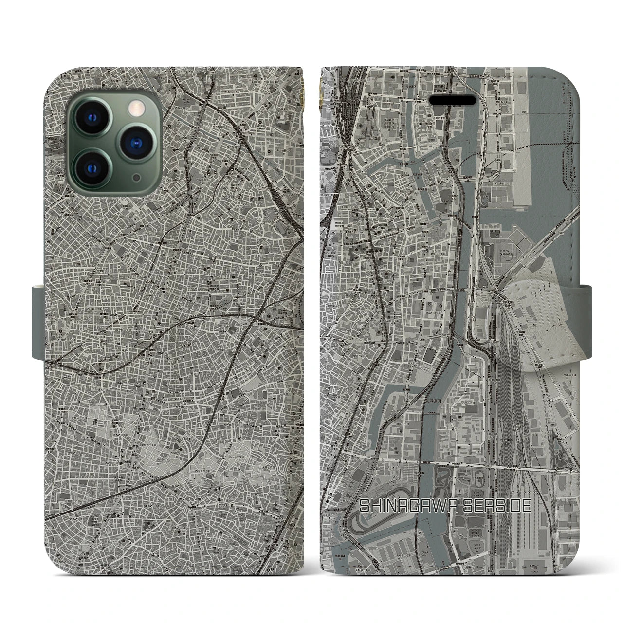 【品川シーサイド(東京都)】地図柄iPhoneケース(手帳タイプ)モノトーン・iPhone 11 Pro 用