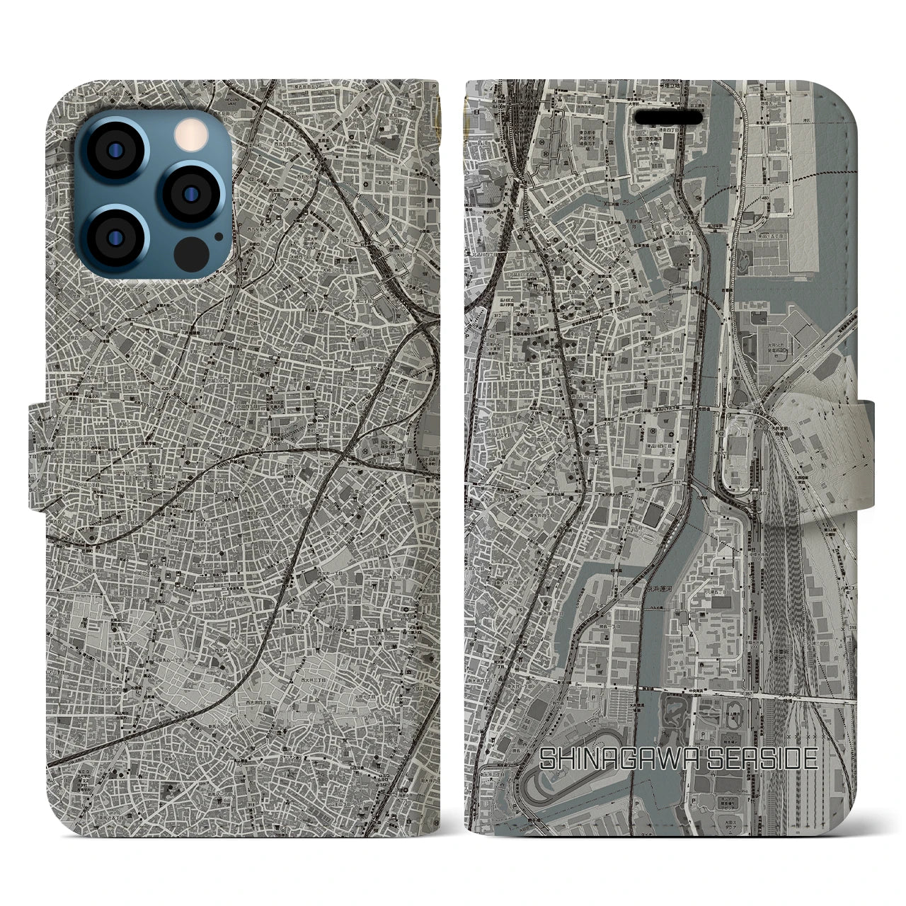 【品川シーサイド(東京都)】地図柄iPhoneケース(手帳タイプ)モノトーン・iPhone 12 / 12 Pro 用