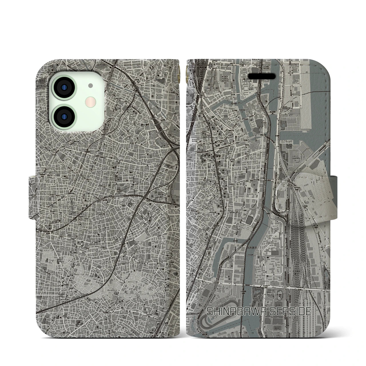 【品川シーサイド(東京都)】地図柄iPhoneケース(手帳タイプ)モノトーン・iPhone 12 mini 用
