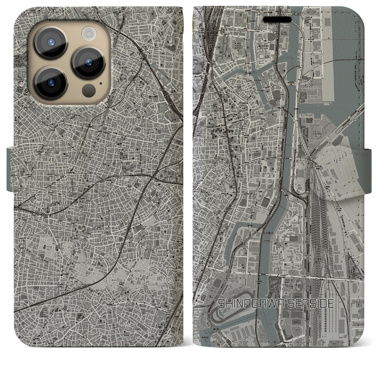 【品川シーサイド(東京都)】地図柄iPhoneケース(手帳タイプ)モノトーン・iPhone 14 Pro Max 用