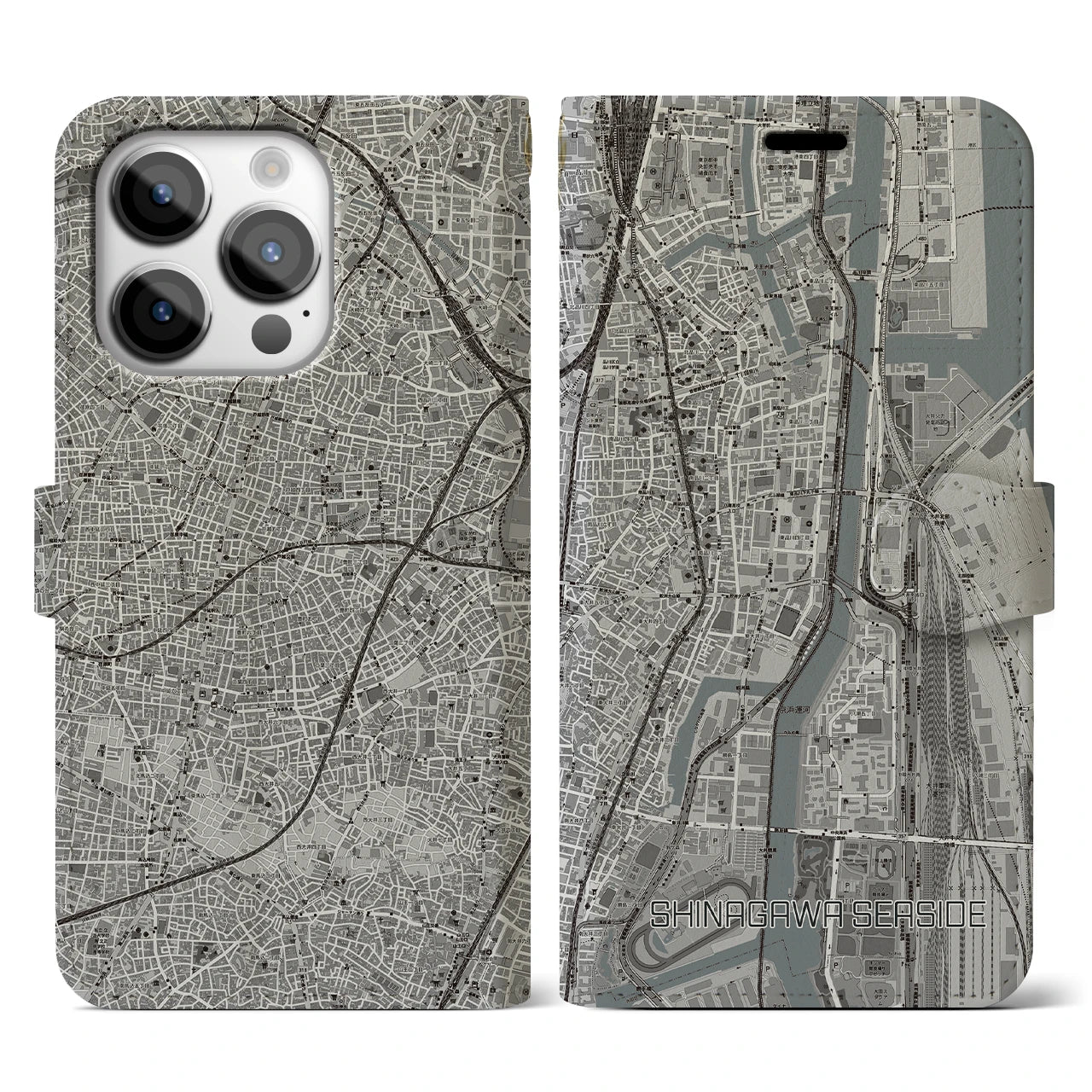 【品川シーサイド(東京都)】地図柄iPhoneケース(手帳タイプ)モノトーン・iPhone 14 Pro 用