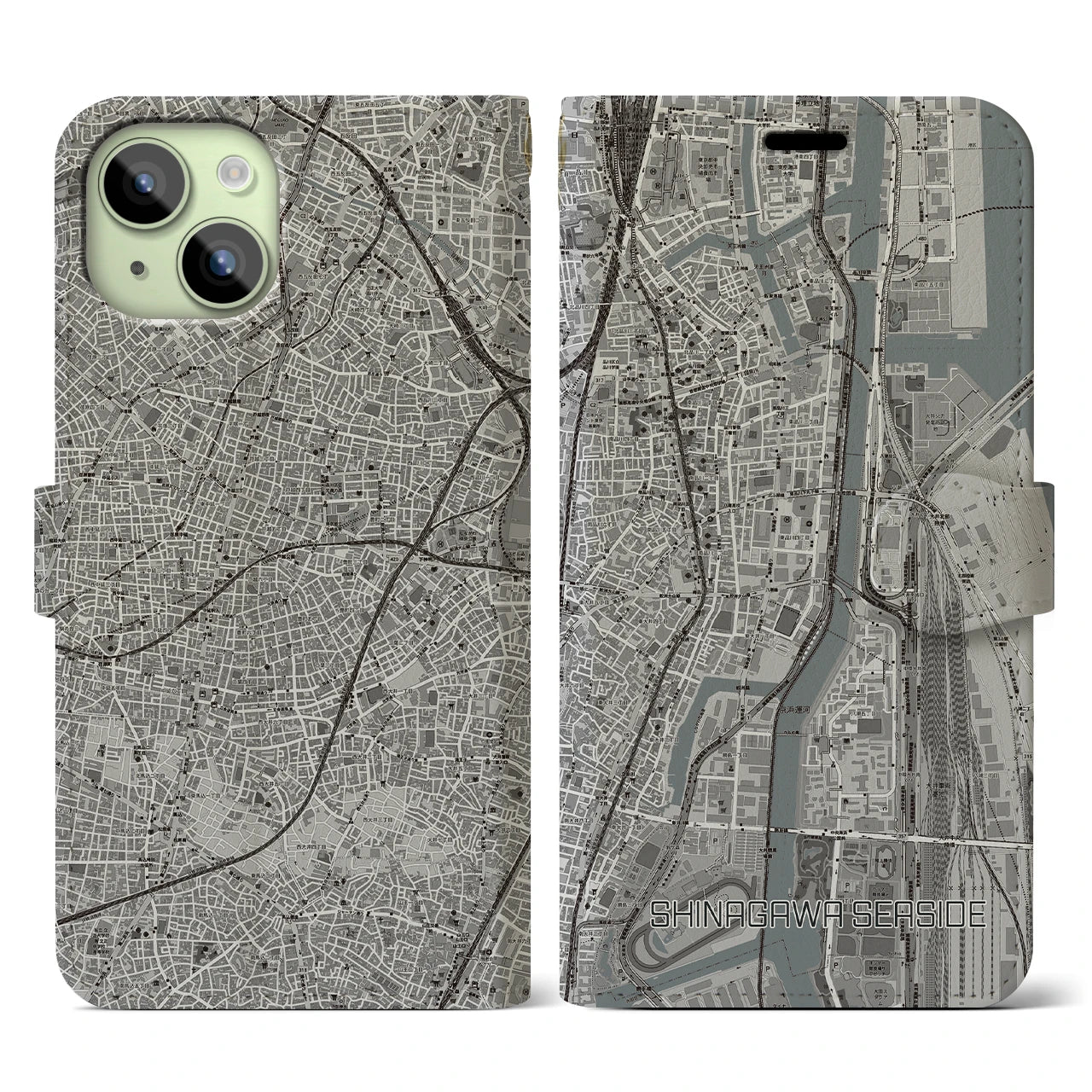 【品川シーサイド(東京都)】地図柄iPhoneケース(手帳タイプ)モノトーン・iPhone 15 用