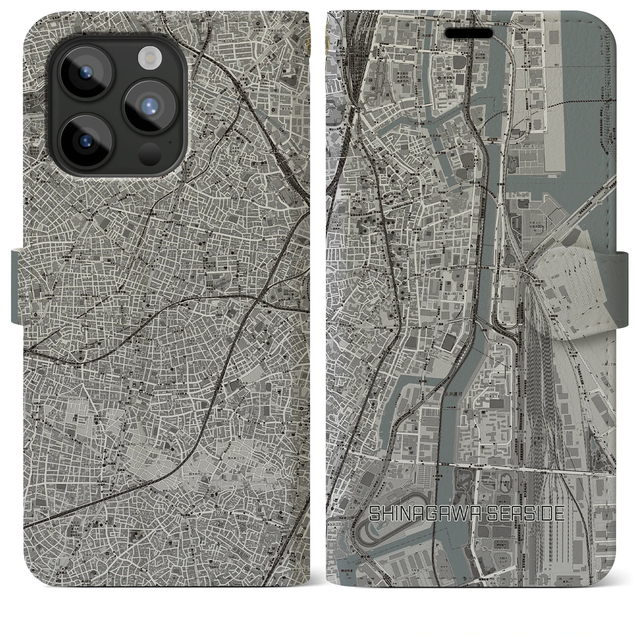 【品川シーサイド(東京都)】地図柄iPhoneケース(手帳タイプ)モノトーン・iPhone 15 Pro Max 用