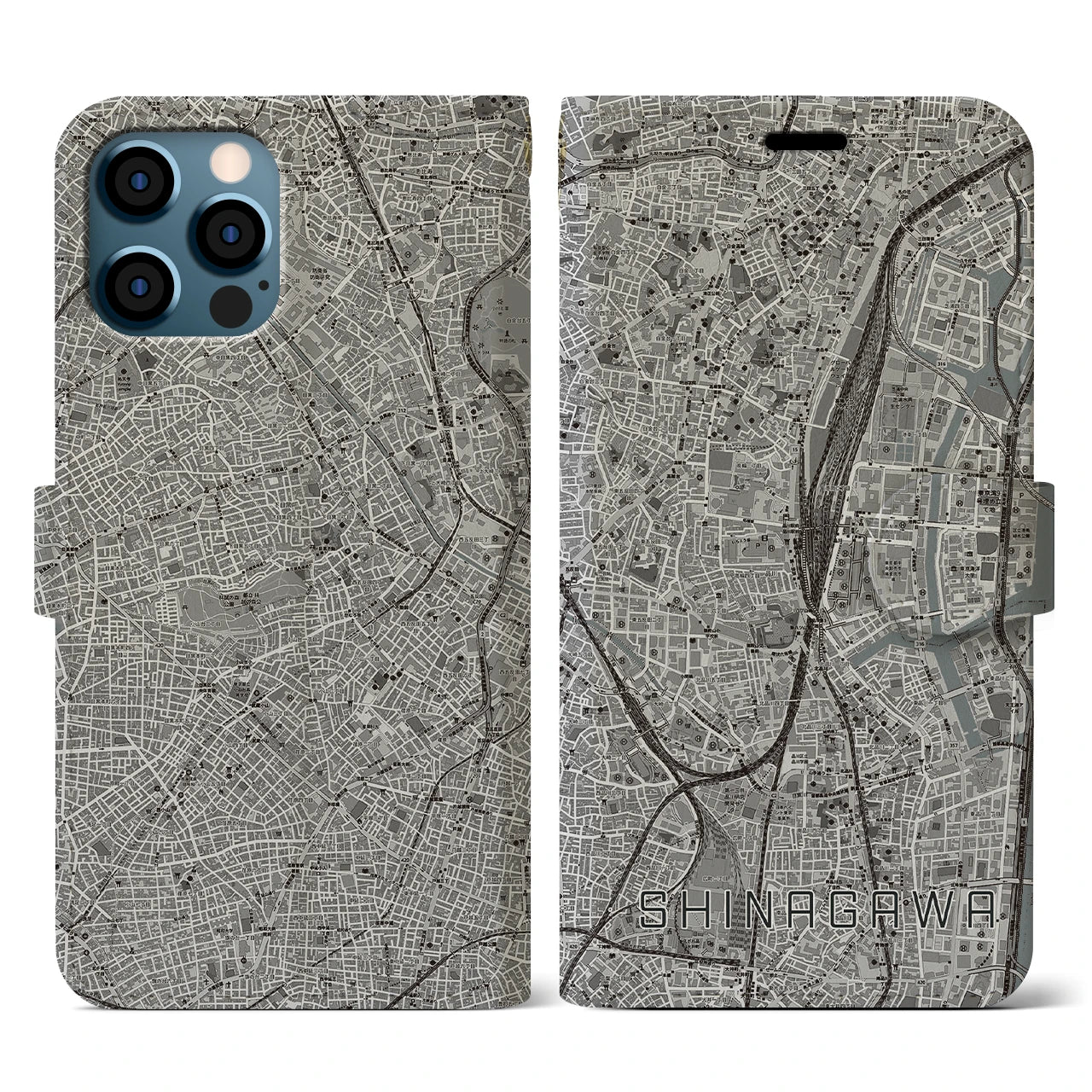 【品川(東京都)】地図柄iPhoneケース(手帳タイプ)モノトーン・iPhone 12 / 12 Pro 用