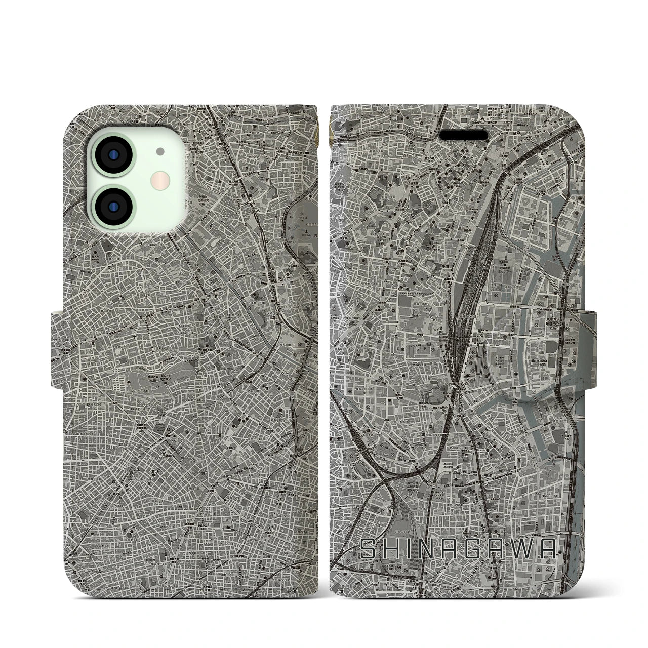 【品川(東京都)】地図柄iPhoneケース(手帳タイプ)モノトーン・iPhone 12 mini 用