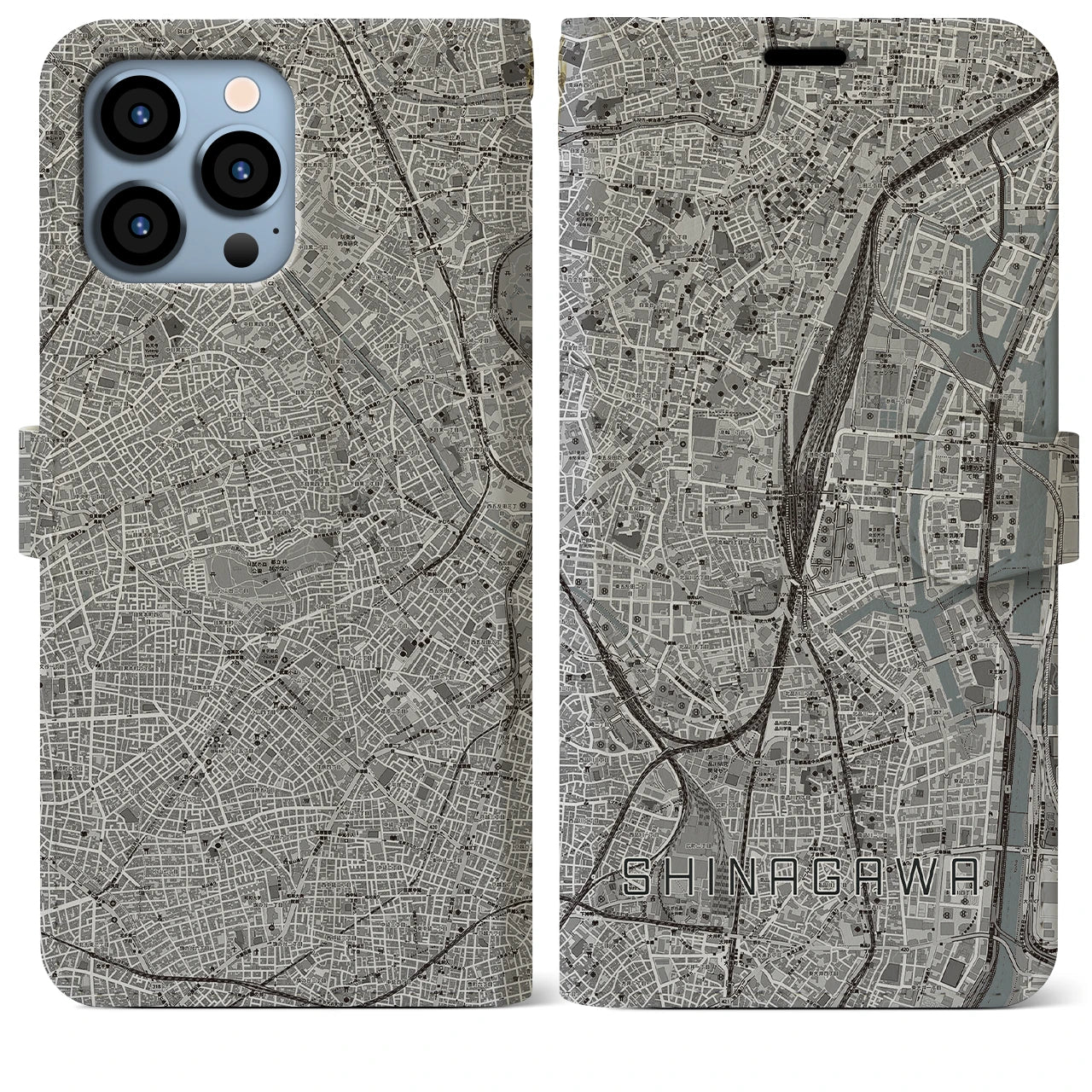 【品川(東京都)】地図柄iPhoneケース(手帳タイプ)モノトーン・iPhone 13 Pro Max 用