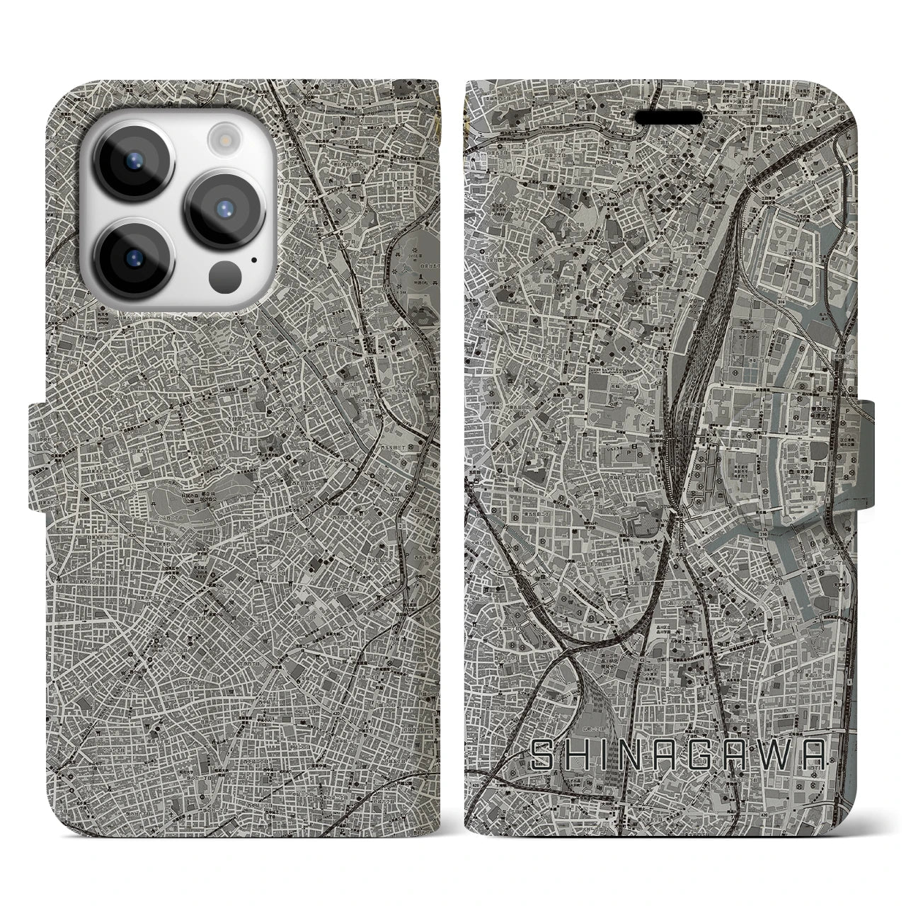 【品川(東京都)】地図柄iPhoneケース(手帳タイプ)モノトーン・iPhone 14 Pro 用