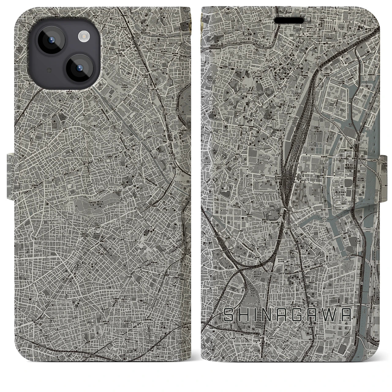 【品川(東京都)】地図柄iPhoneケース(手帳タイプ)モノトーン・iPhone 14 Plus 用