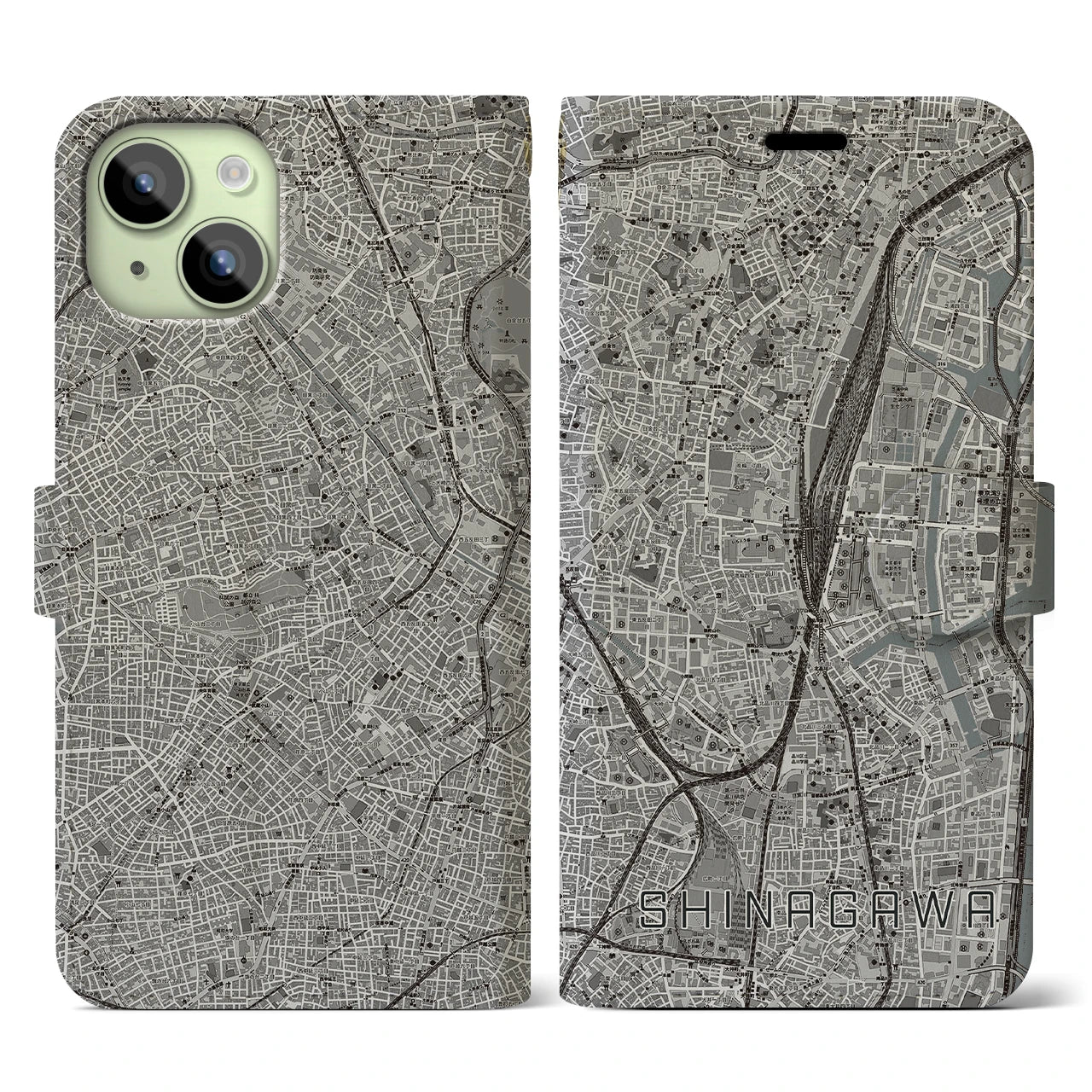 【品川(東京都)】地図柄iPhoneケース(手帳タイプ)モノトーン・iPhone 15 用