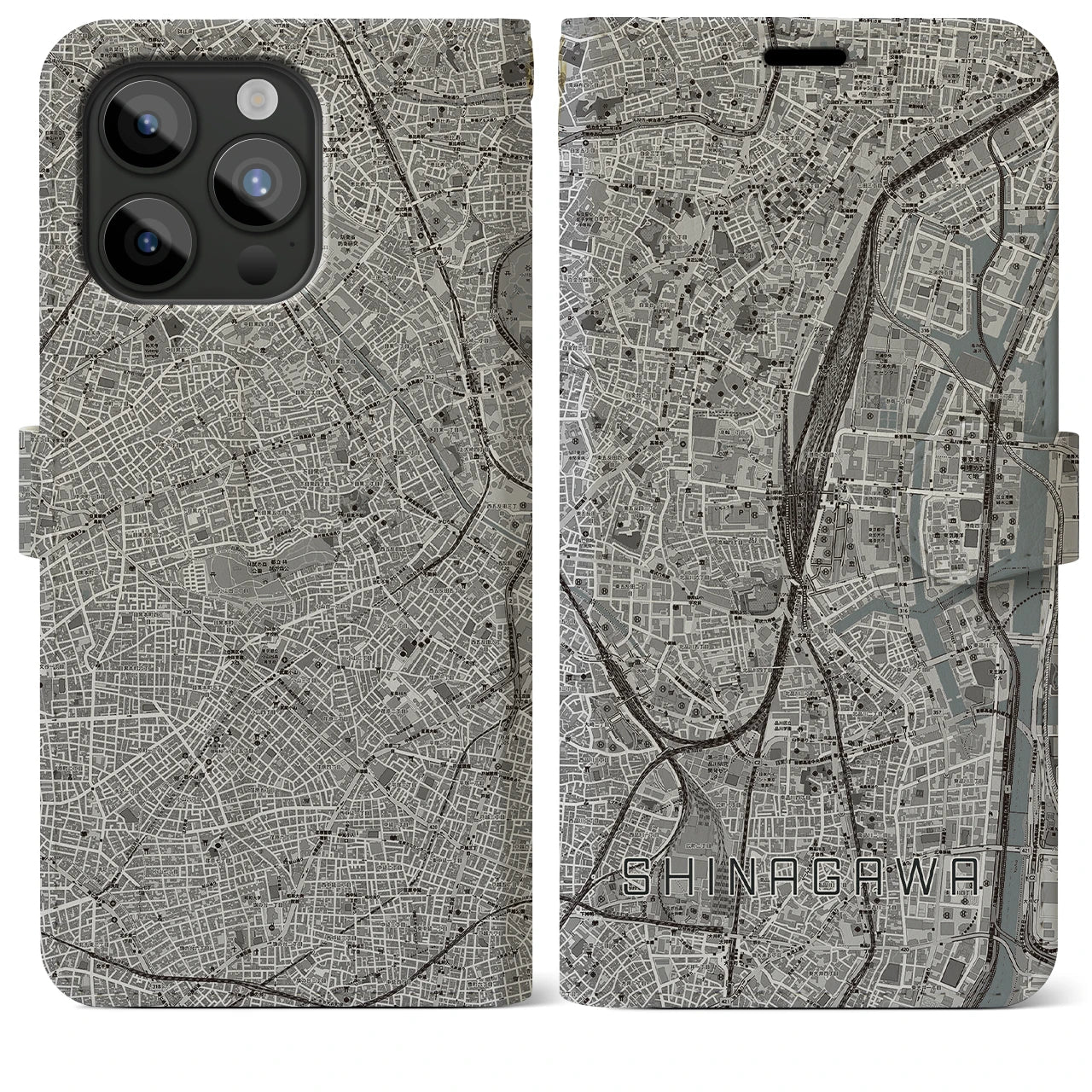 【品川(東京都)】地図柄iPhoneケース(手帳タイプ)モノトーン・iPhone 15 Pro Max 用