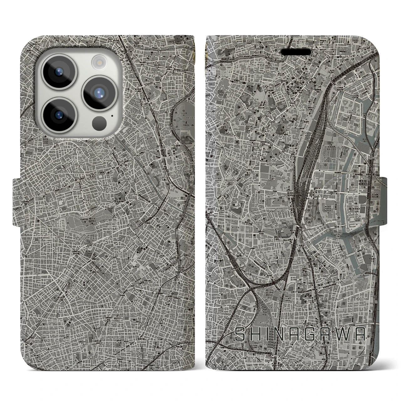 【品川(東京都)】地図柄iPhoneケース(手帳タイプ)モノトーン・iPhone 15 Pro 用