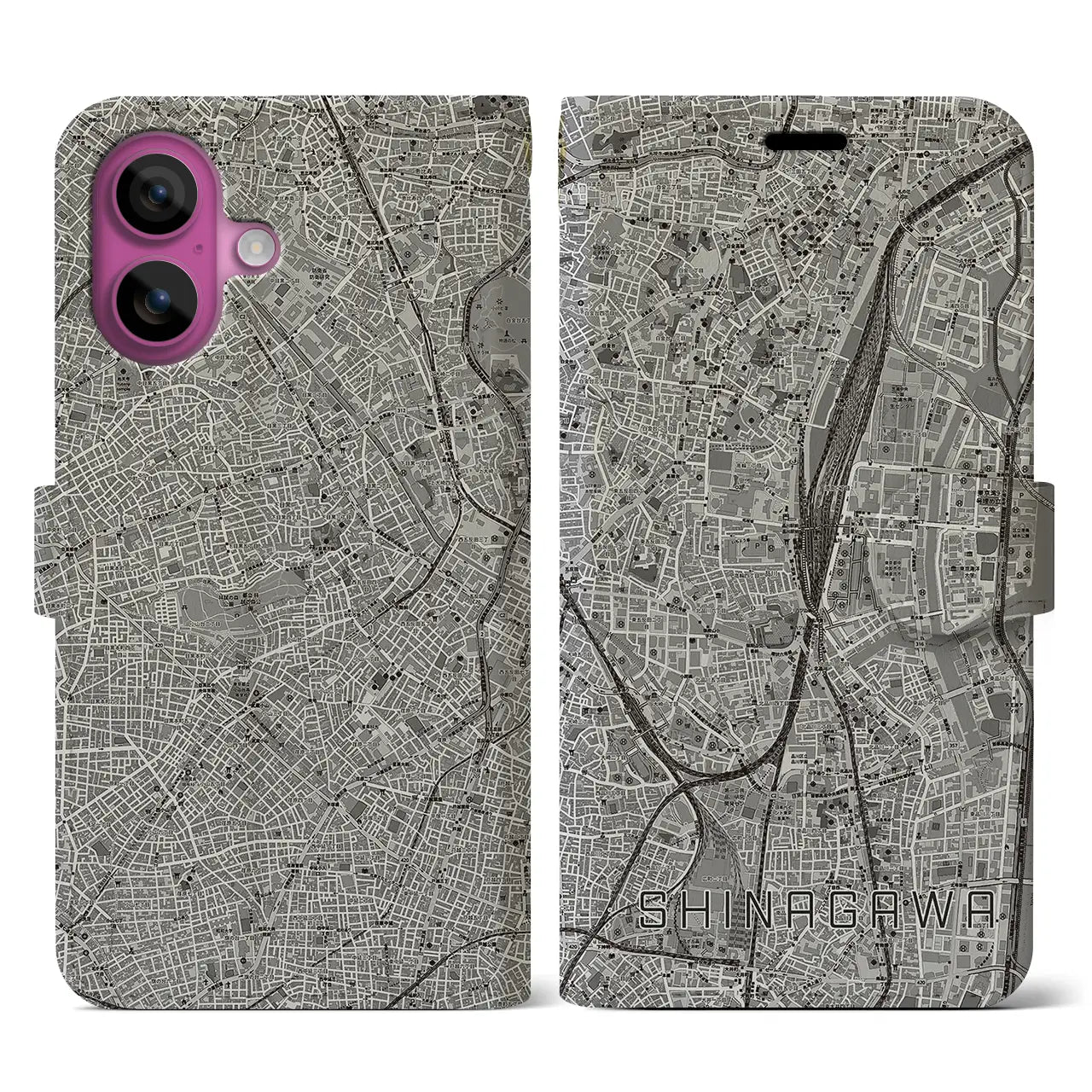 【品川(東京都)】地図柄iPhoneケース(手帳タイプ)モノトーン・iPhone 16 Pro 用