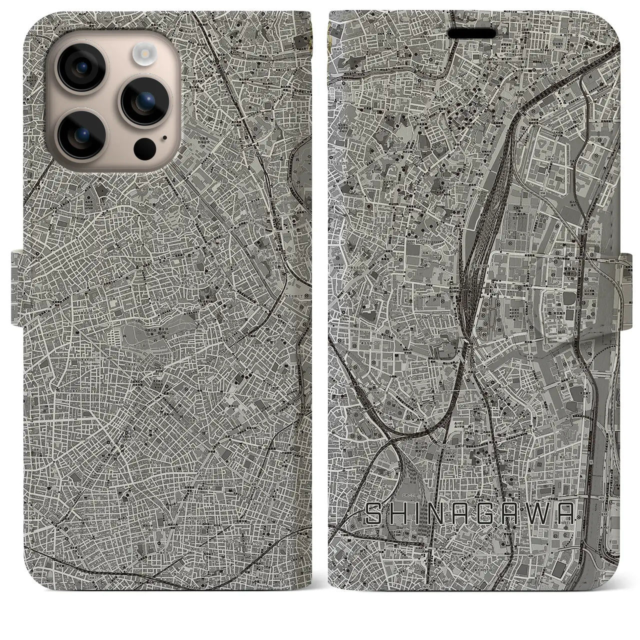 【品川(東京都)】地図柄iPhoneケース(手帳タイプ)モノトーン・iPhone 16 Plus 用