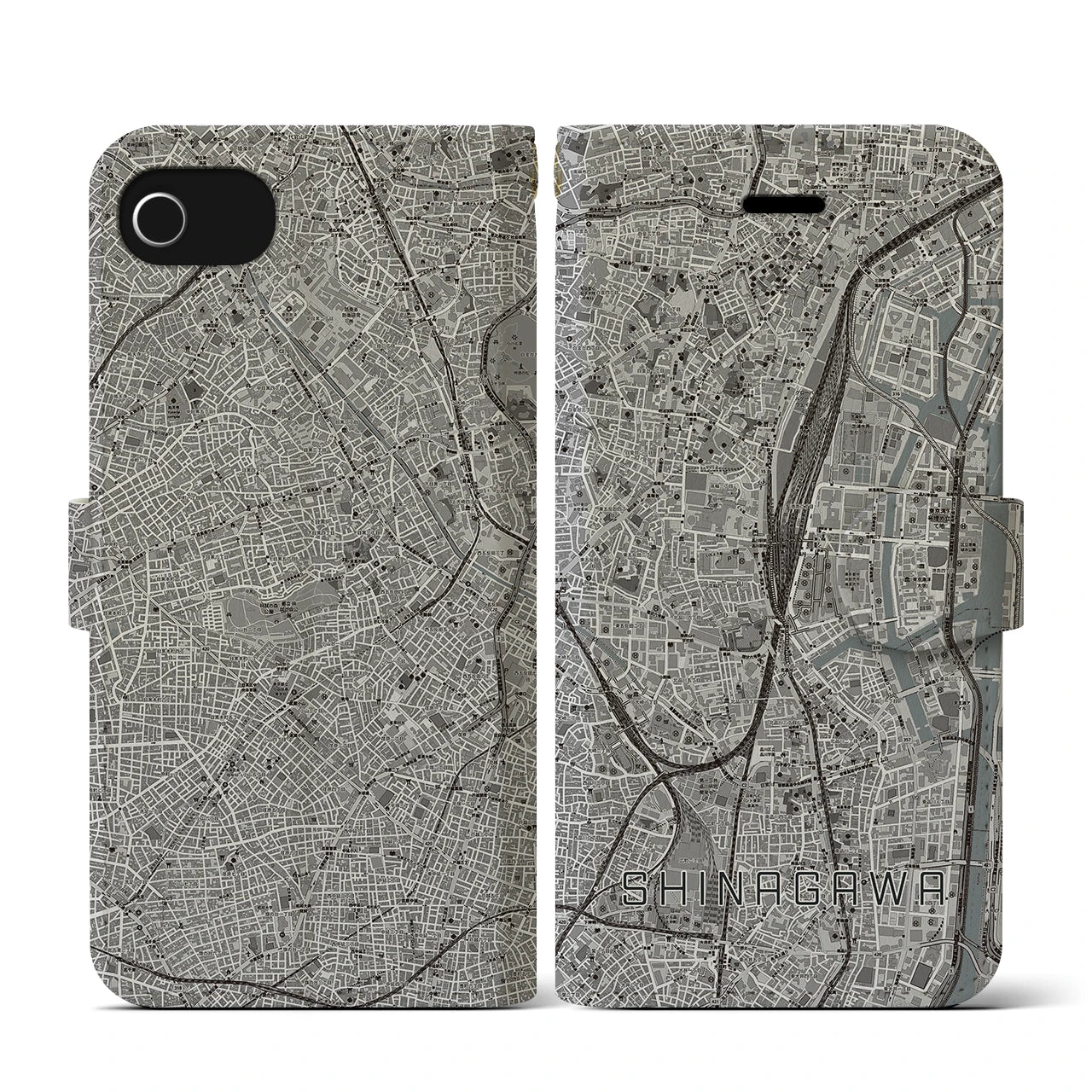 【品川(東京都)】地図柄iPhoneケース(手帳タイプ)モノトーン・iPhone SE(第3 / 第2世代) / 8 / 7 / 6s / 6 用
