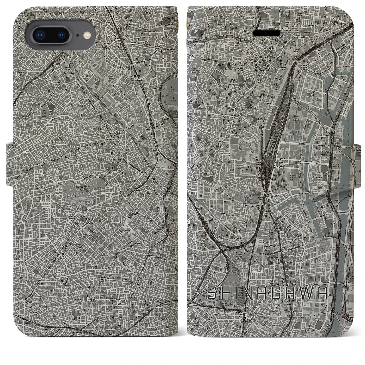 【品川(東京都)】地図柄iPhoneケース(手帳タイプ)モノトーン・iPhone 8Plus /7Plus / 6sPlus / 6Plus 用