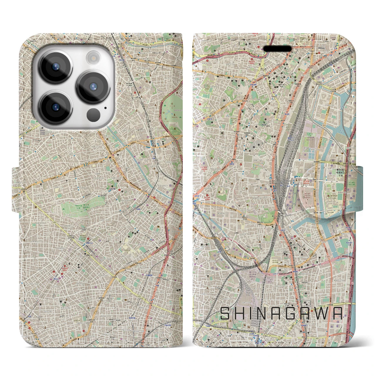 【品川(東京都)】地図柄iPhoneケース(手帳タイプ)ナチュラル・iPhone 14 Pro 用