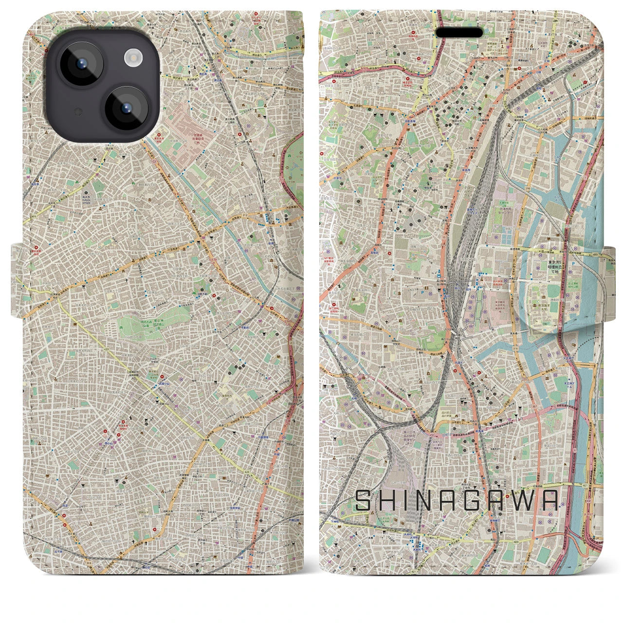 【品川(東京都)】地図柄iPhoneケース(手帳タイプ)ナチュラル・iPhone 14 Plus 用