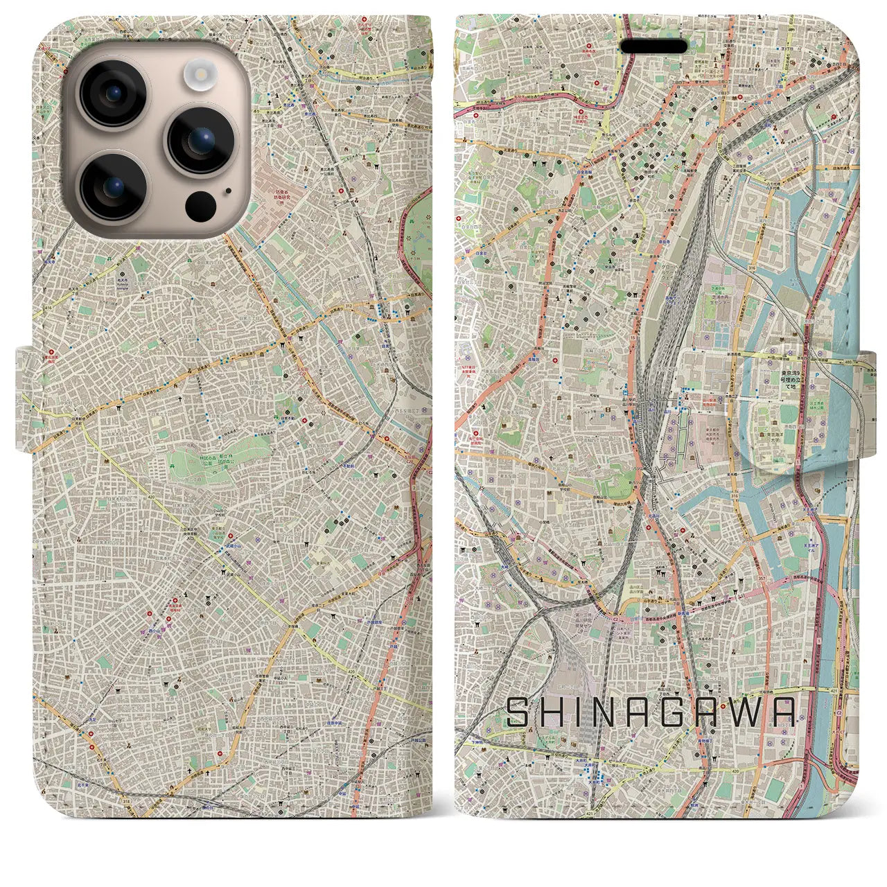 【品川(東京都)】地図柄iPhoneケース(手帳タイプ)ナチュラル・iPhone 16 Plus 用
