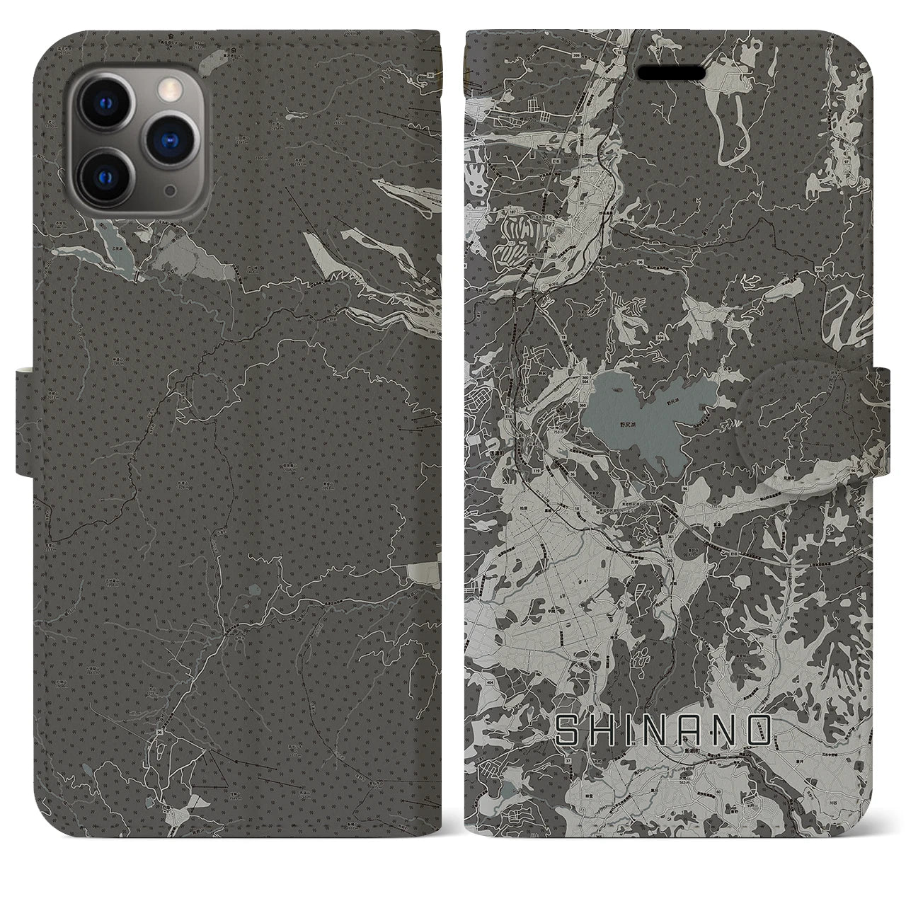 【信濃(長野県)】地図柄iPhoneケース(手帳タイプ)モノトーン・iPhone 11 Pro Max 用