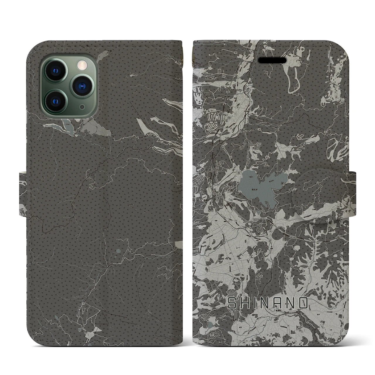 【信濃(長野県)】地図柄iPhoneケース(手帳タイプ)モノトーン・iPhone 11 Pro 用