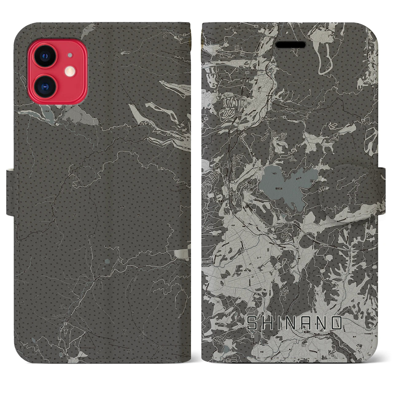 【信濃(長野県)】地図柄iPhoneケース(手帳タイプ)モノトーン・iPhone 11 用