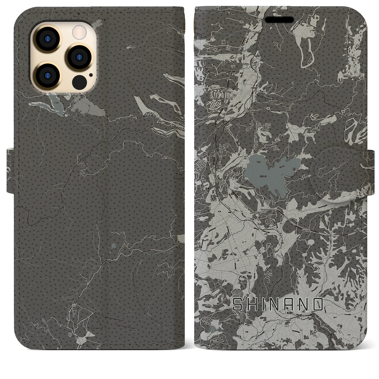 【信濃(長野県)】地図柄iPhoneケース(手帳タイプ)モノトーン・iPhone 12 Pro Max 用