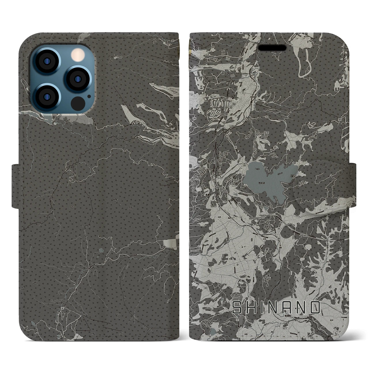 【信濃(長野県)】地図柄iPhoneケース(手帳タイプ)モノトーン・iPhone 12 / 12 Pro 用