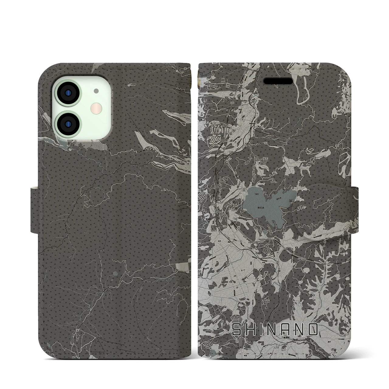 【信濃(長野県)】地図柄iPhoneケース(手帳タイプ)モノトーン・iPhone 12 mini 用