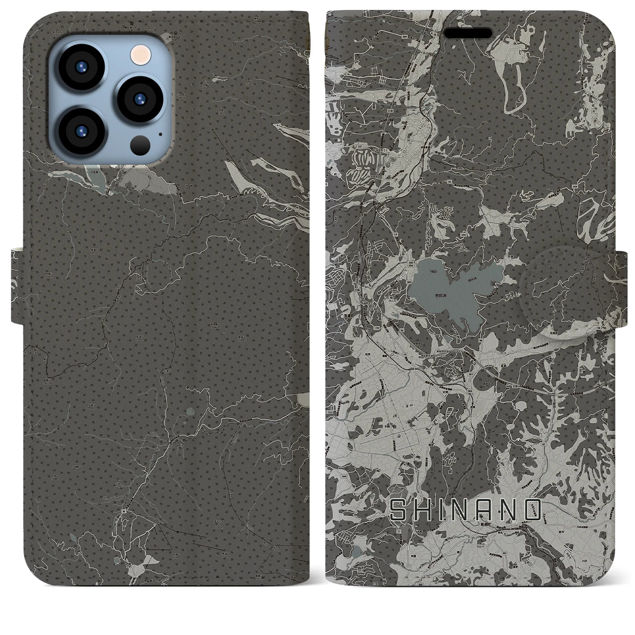 【信濃(長野県)】地図柄iPhoneケース(手帳タイプ)モノトーン・iPhone 13 Pro Max 用