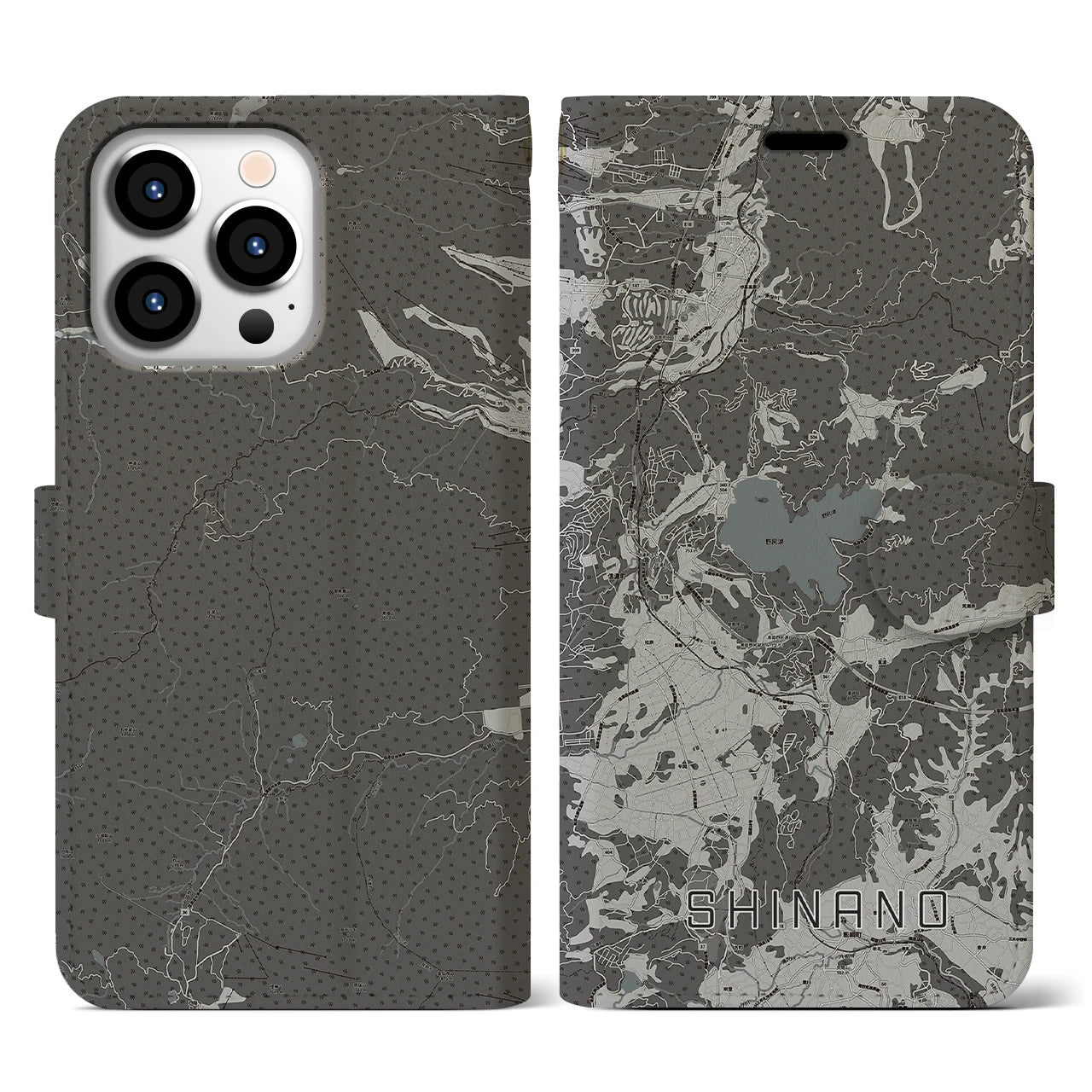 【信濃(長野県)】地図柄iPhoneケース(手帳タイプ)モノトーン・iPhone 13 Pro 用