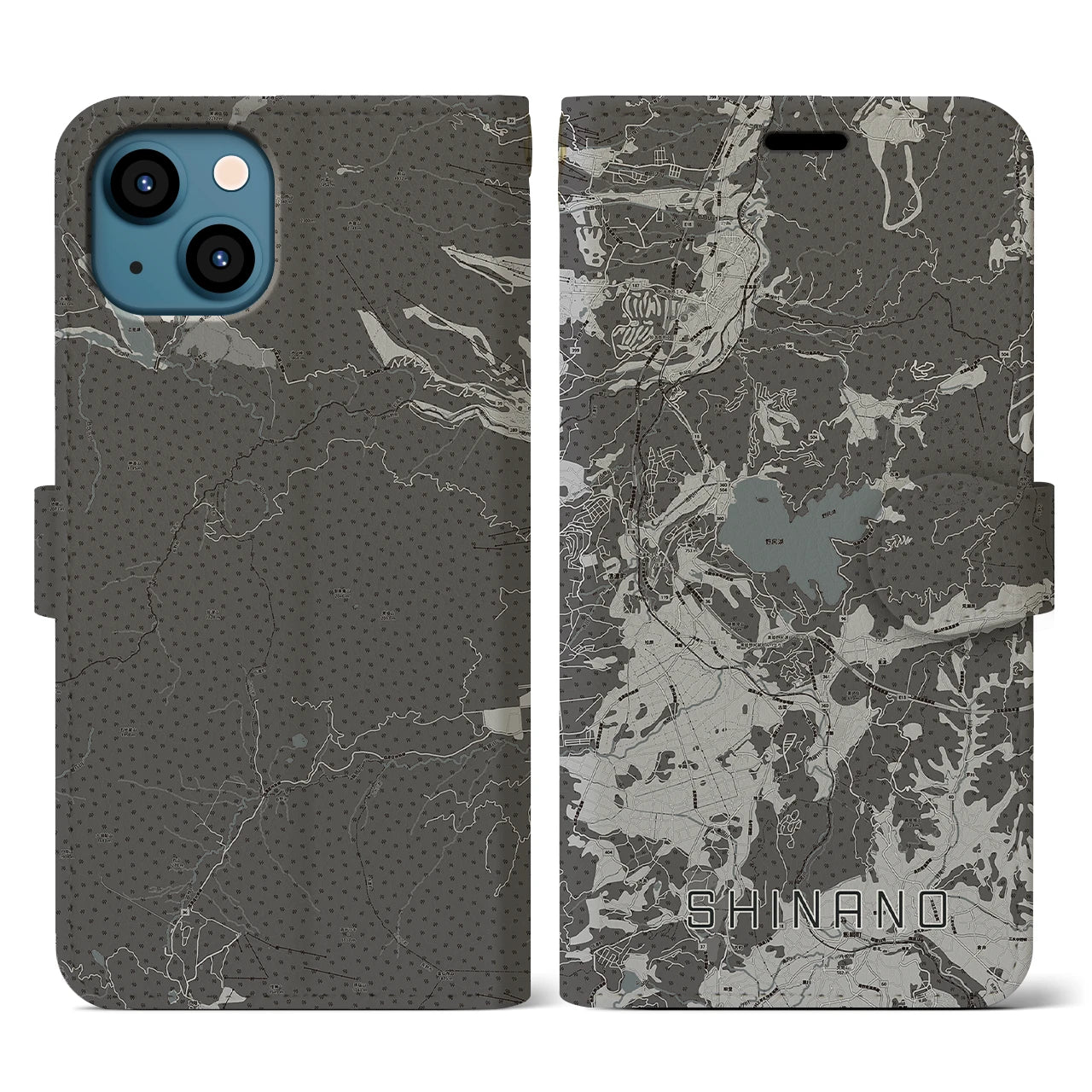 【信濃(長野県)】地図柄iPhoneケース(手帳タイプ)モノトーン・iPhone 13 用