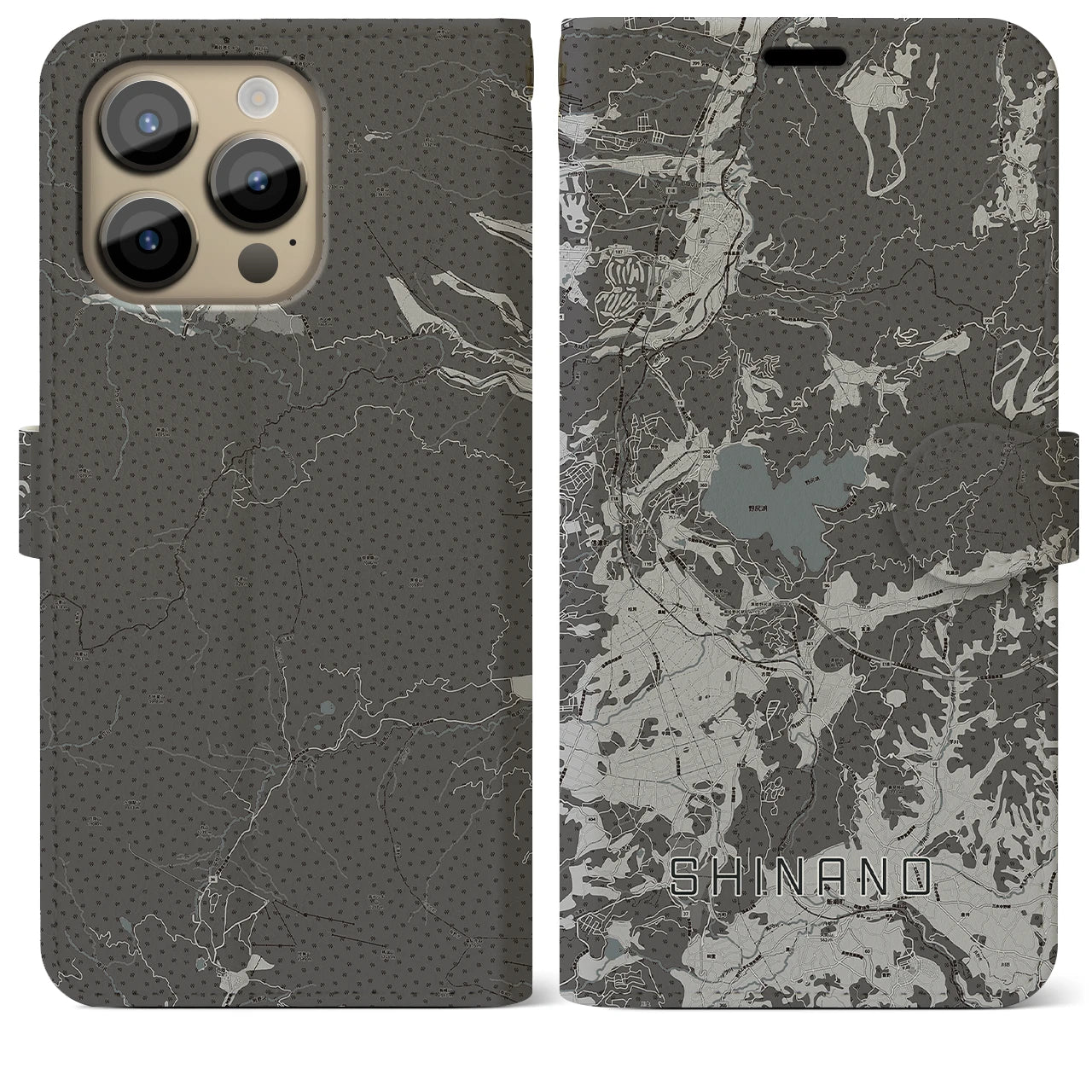 【信濃(長野県)】地図柄iPhoneケース(手帳タイプ)モノトーン・iPhone 14 Pro Max 用