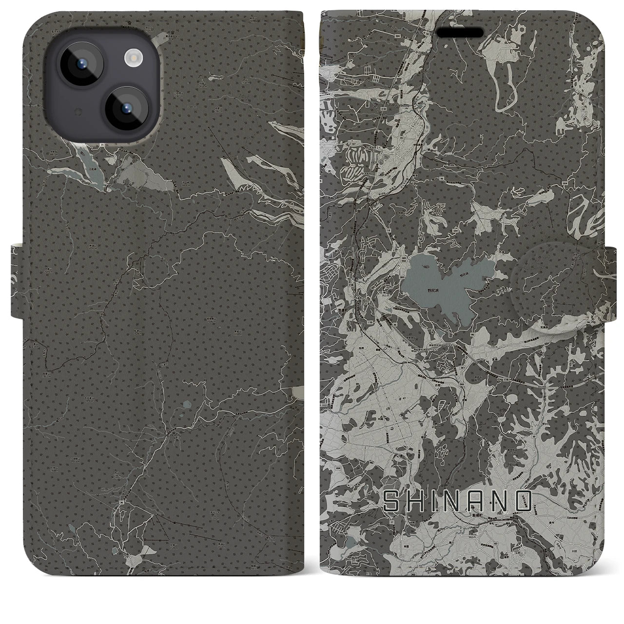 【信濃(長野県)】地図柄iPhoneケース(手帳タイプ)モノトーン・iPhone 14 Plus 用
