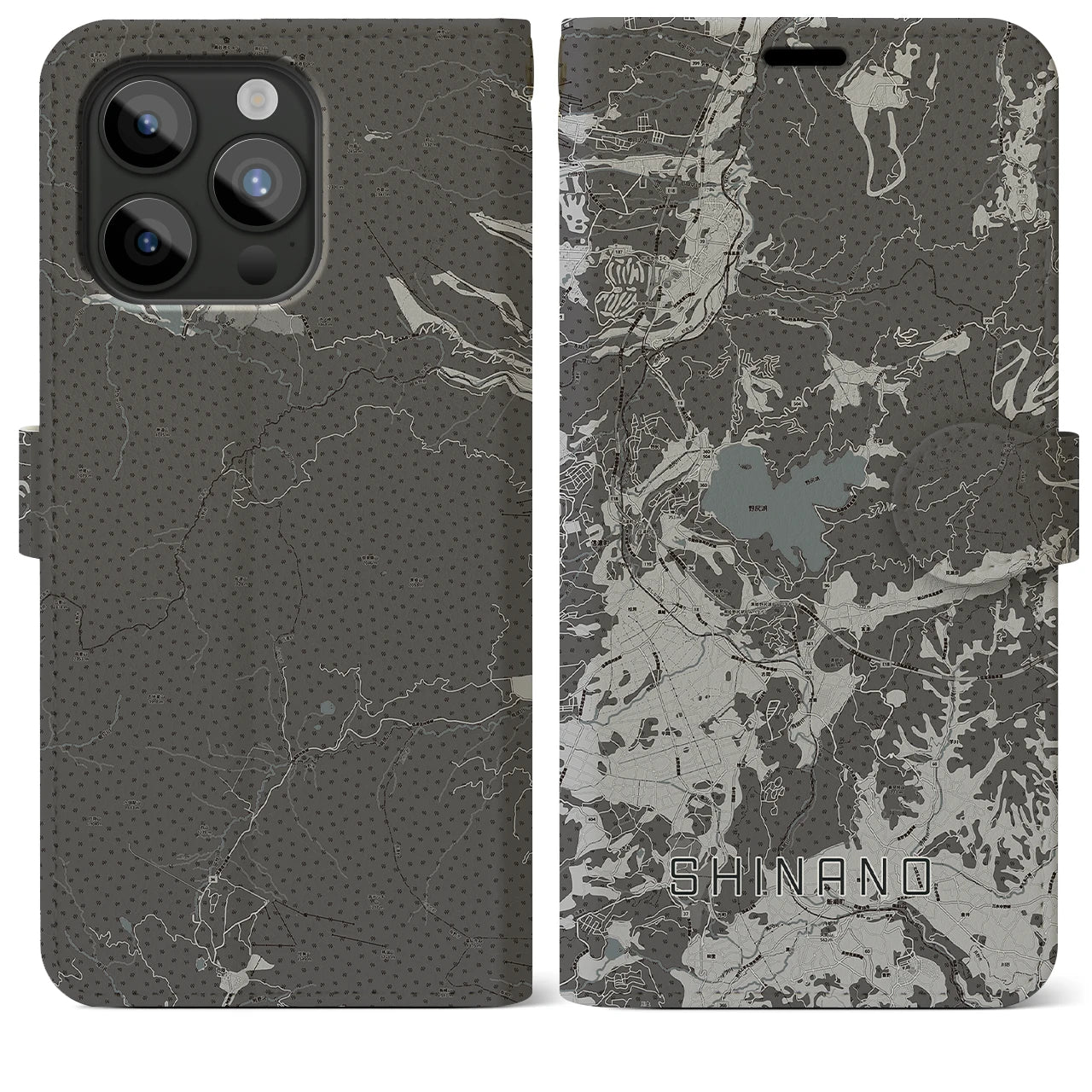 【信濃(長野県)】地図柄iPhoneケース(手帳タイプ)モノトーン・iPhone 15 Pro Max 用