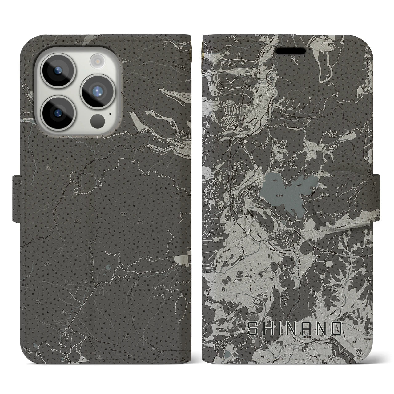 【信濃(長野県)】地図柄iPhoneケース(手帳タイプ)モノトーン・iPhone 15 Pro 用