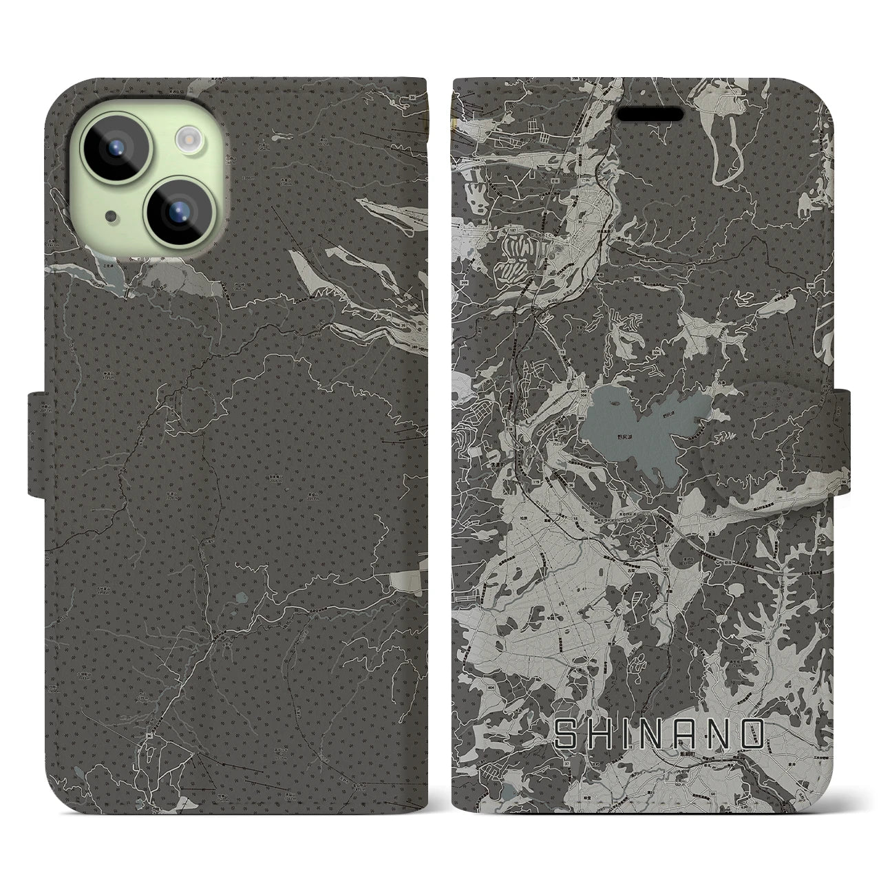 【信濃(長野県)】地図柄iPhoneケース(手帳タイプ)モノトーン・iPhone 15 用