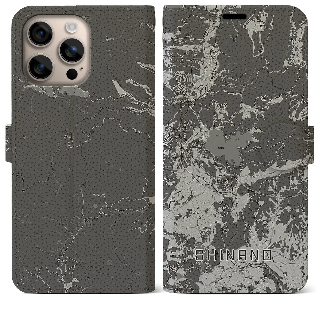 【信濃(長野県)】地図柄iPhoneケース(手帳タイプ)モノトーン・iPhone 16 Plus 用