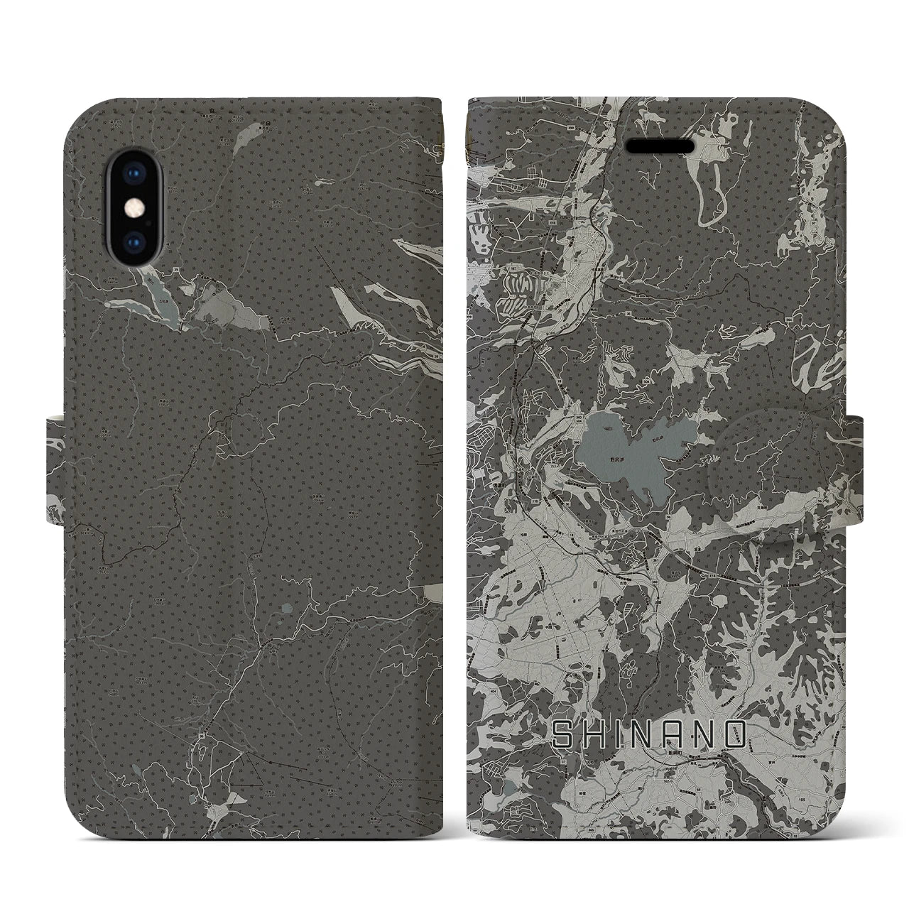 【信濃(長野県)】地図柄iPhoneケース(手帳タイプ)モノトーン・iPhone XS / X 用