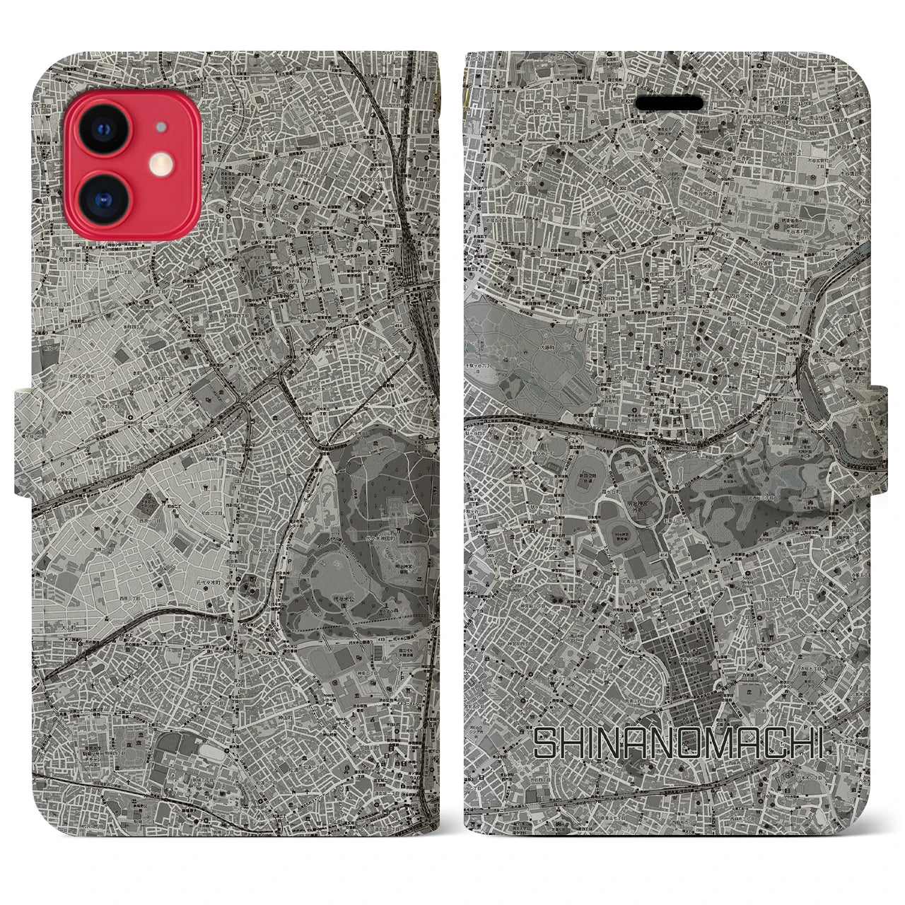 【信濃町(東京都)】地図柄iPhoneケース(手帳タイプ)モノトーン・iPhone 11 用