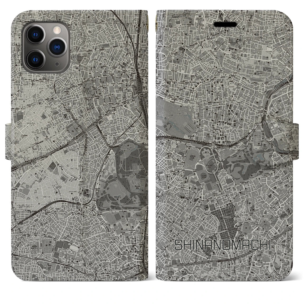 【信濃町(東京都)】地図柄iPhoneケース(手帳タイプ)モノトーン・iPhone 11 Pro Max 用