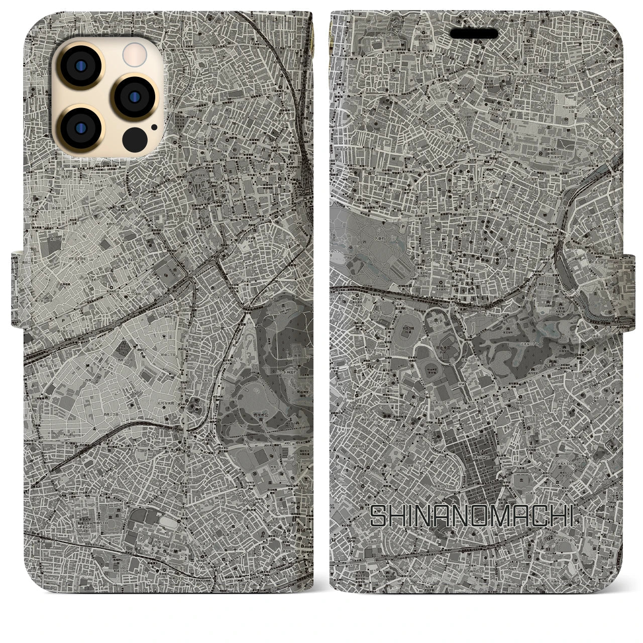 【信濃町(東京都)】地図柄iPhoneケース(手帳タイプ)モノトーン・iPhone 12 Pro Max 用