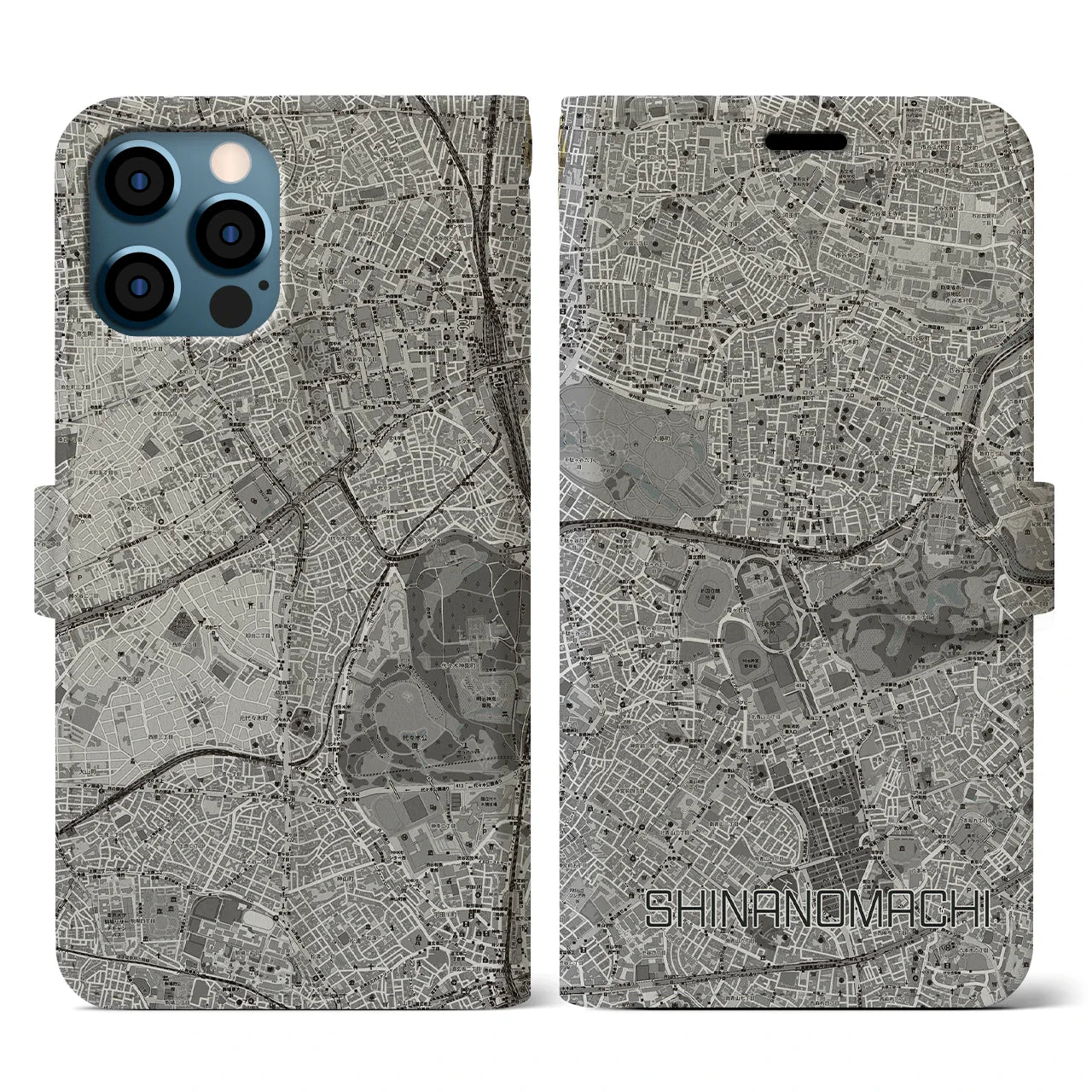【信濃町(東京都)】地図柄iPhoneケース(手帳タイプ)モノトーン・iPhone 12 / 12 Pro 用