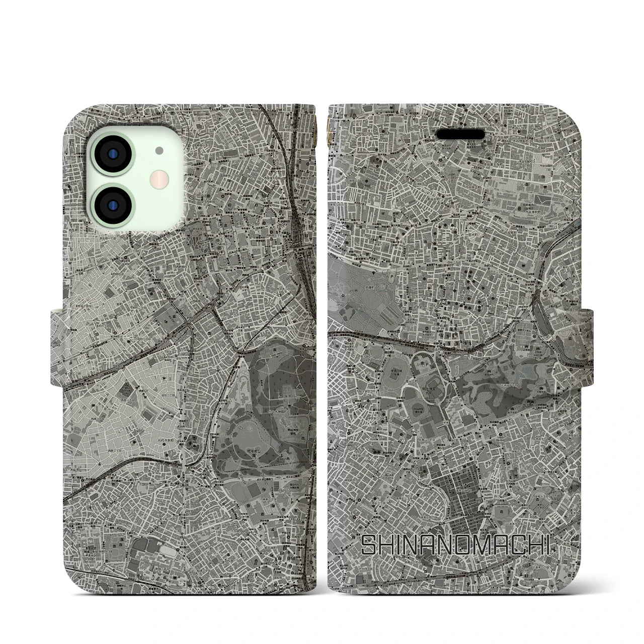 【信濃町(東京都)】地図柄iPhoneケース(手帳タイプ)モノトーン・iPhone 12 mini 用