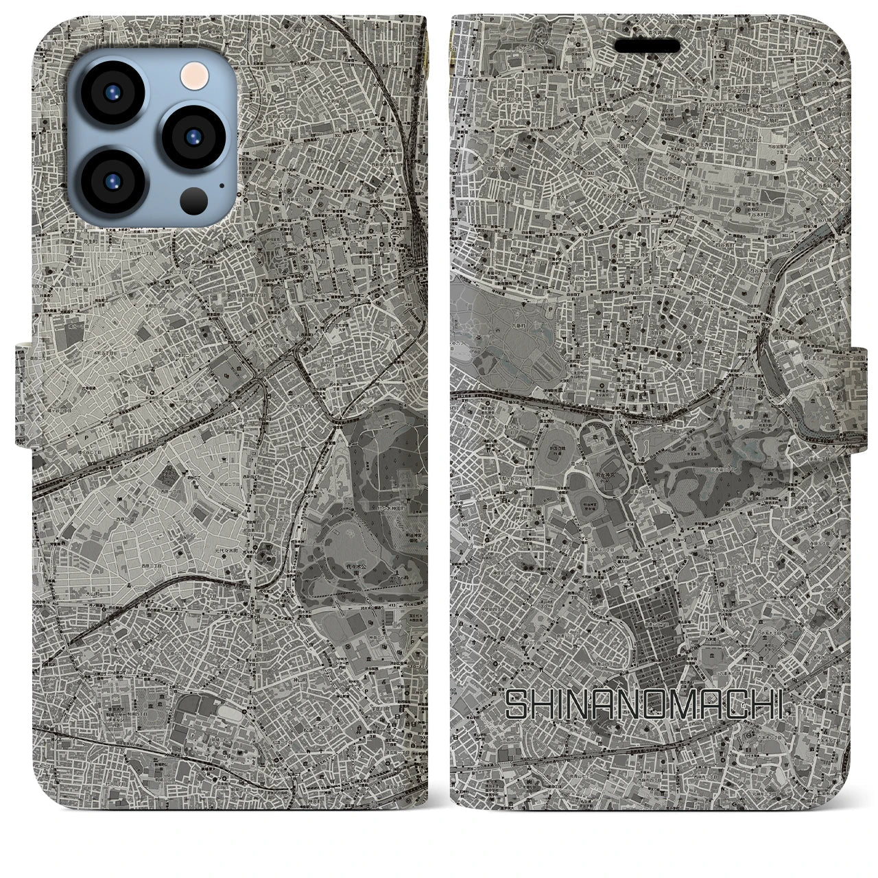 【信濃町(東京都)】地図柄iPhoneケース(手帳タイプ)モノトーン・iPhone 13 Pro Max 用
