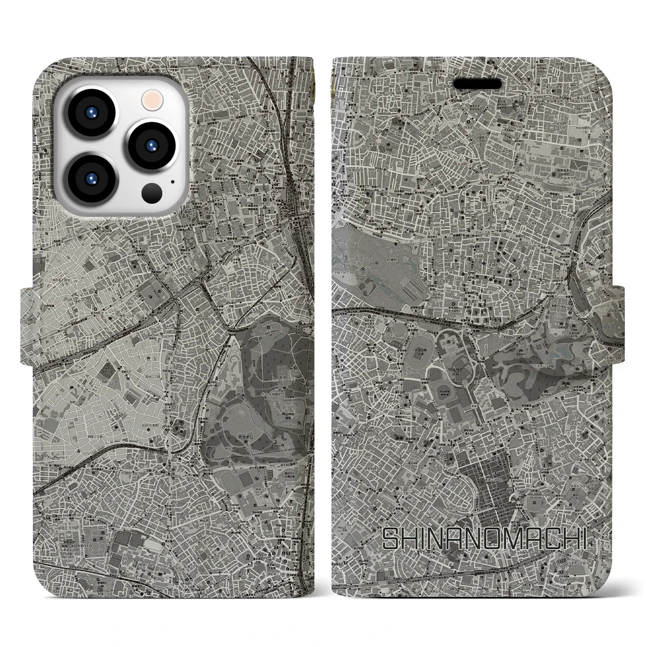【信濃町(東京都)】地図柄iPhoneケース(手帳タイプ)モノトーン・iPhone 13 Pro 用