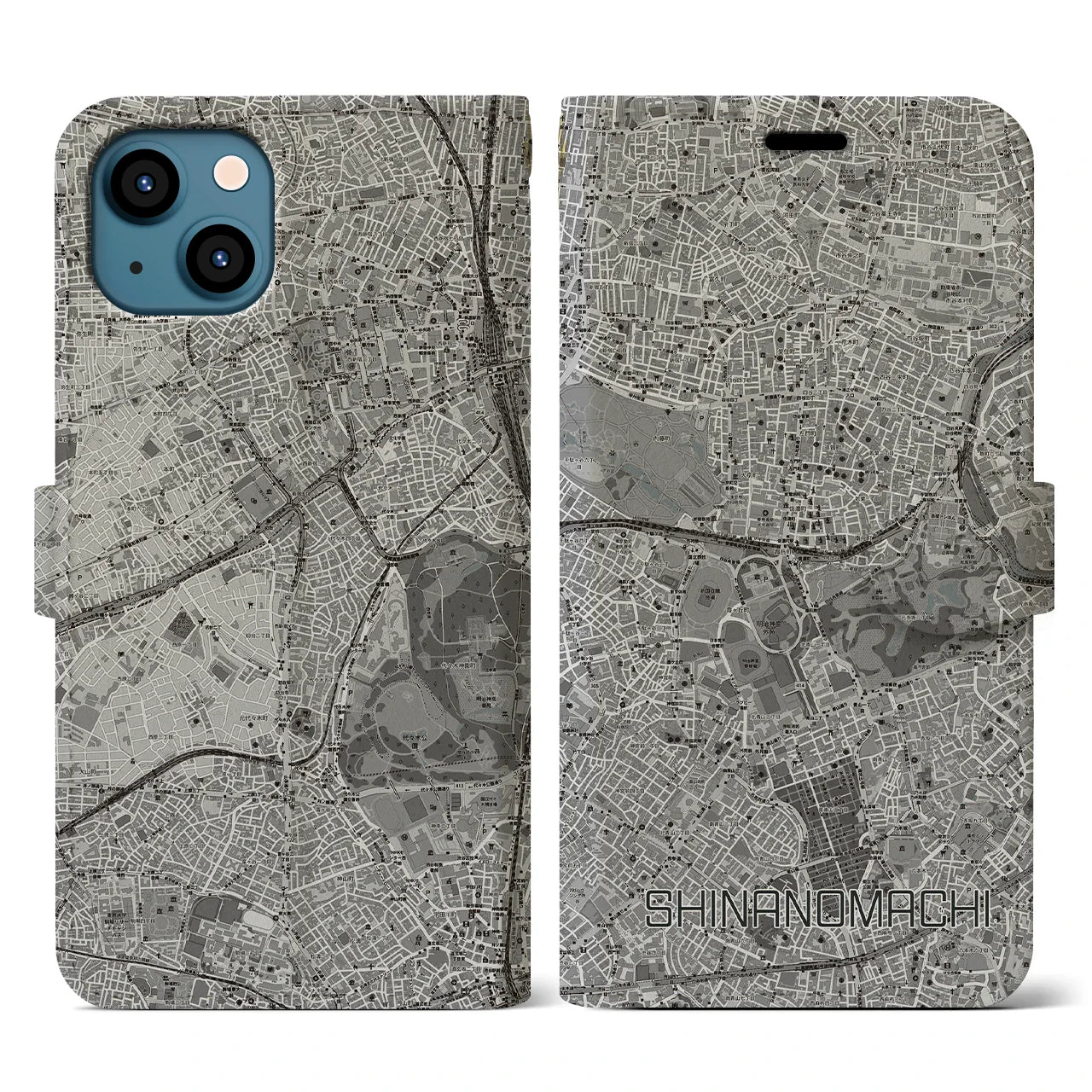 【信濃町(東京都)】地図柄iPhoneケース(手帳タイプ)モノトーン・iPhone 13 用