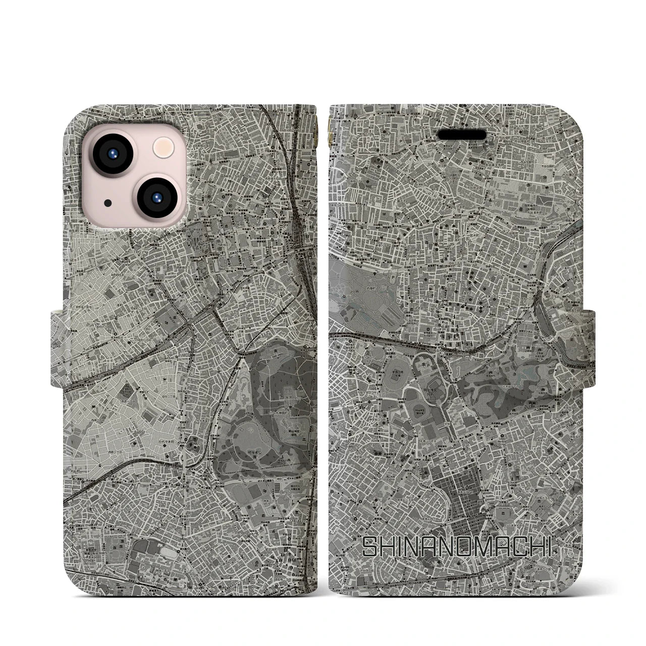 【信濃町(東京都)】地図柄iPhoneケース(手帳タイプ)モノトーン・iPhone 13 mini 用