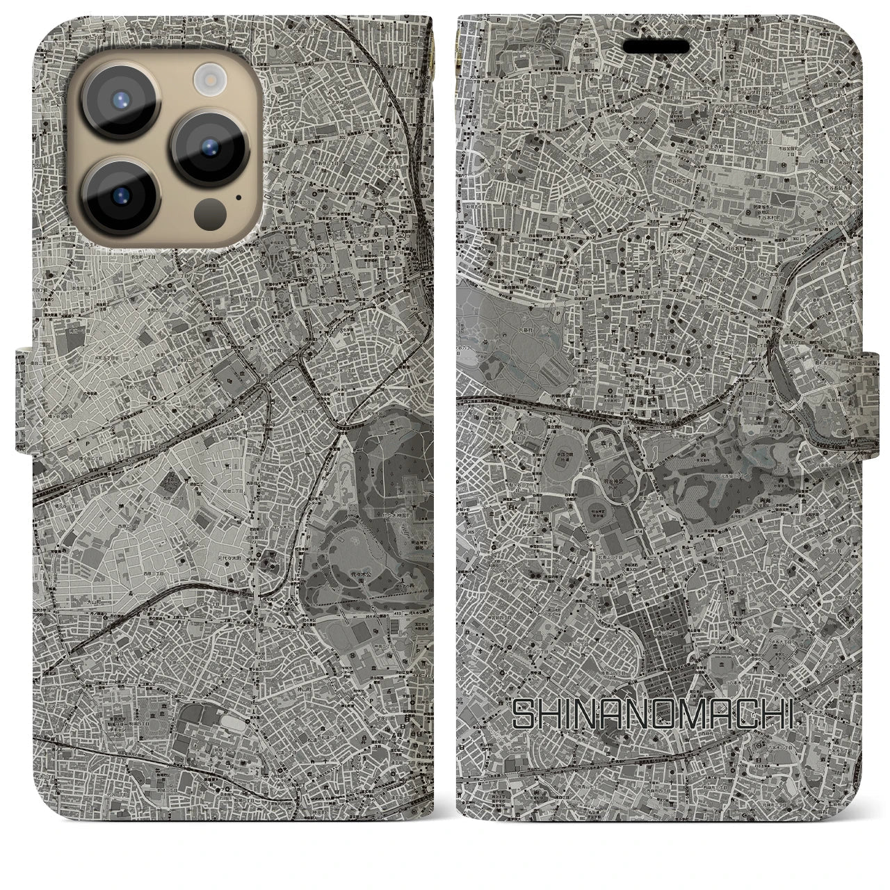 【信濃町(東京都)】地図柄iPhoneケース(手帳タイプ)モノトーン・iPhone 14 Pro Max 用